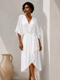 Women's Elegant White Midi Dress – Half Sleeve Polyester Wrap Dress
