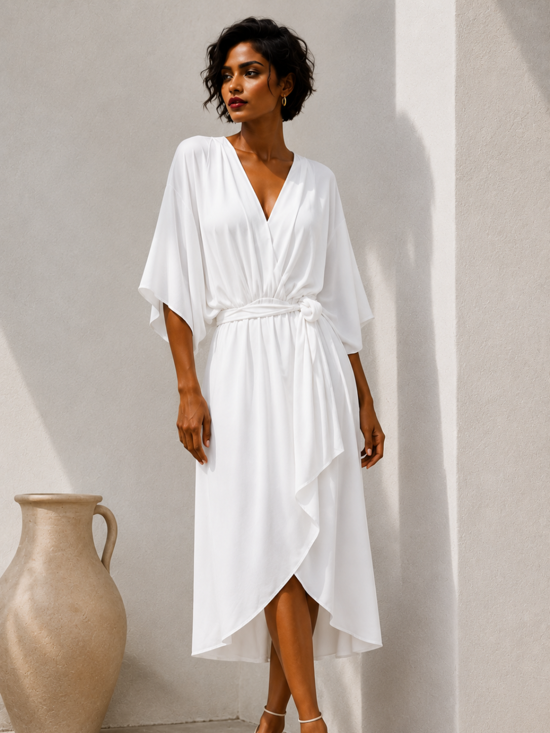 Women's Elegant White Midi Dress – Half Sleeve Polyester Wrap Dress