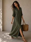 Women's Elegant A-Line Midi Dress – Three-Quarter Sleeve Casual Dress