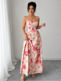 Elegant Pink Printed Princess Dress – Tie Shoulder High Waist Maxi Dress