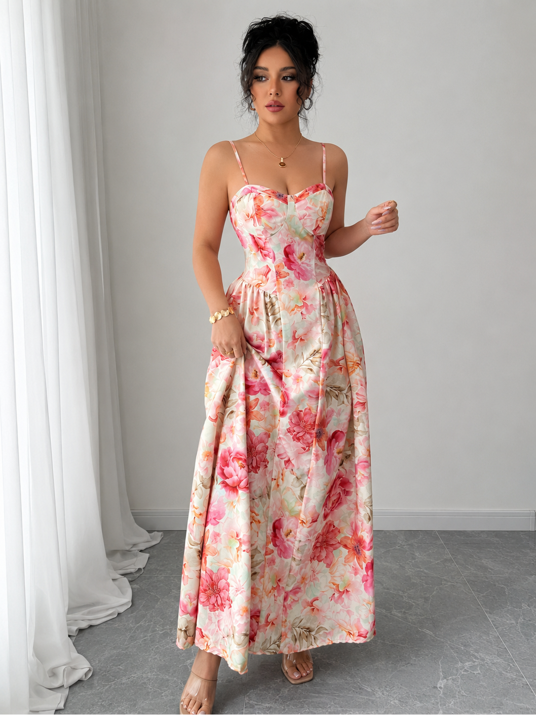 Elegant Pink Printed Princess Dress – Tie Shoulder High Waist Maxi Dress