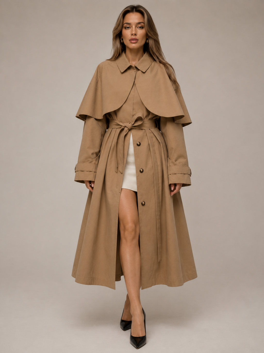Women's Khaki Long Trench Coat – Elegant Loose Fit Commuter Outerwear