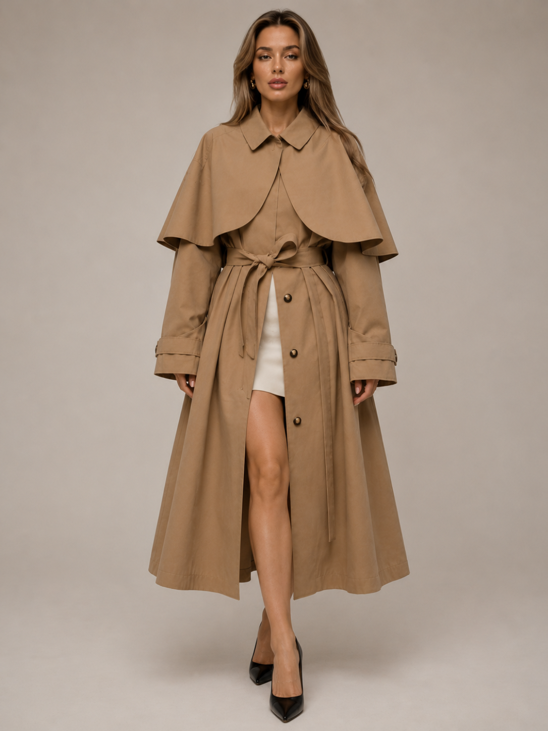 Women's Khaki Long Trench Coat – Elegant Loose Fit Commuter Outerwear