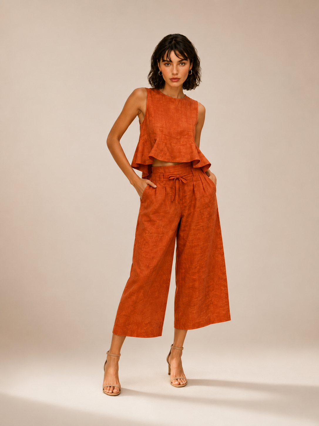 Women's Orange-Red Sleeveless T-Shirt &amp; Wide-Leg Pants Co-Ord Set