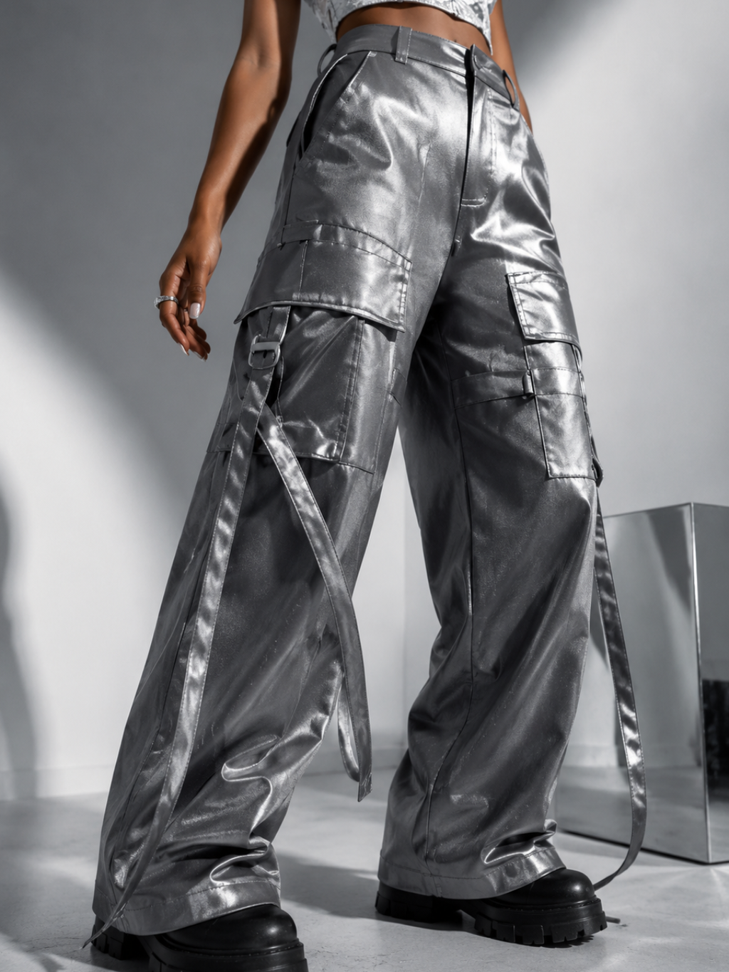 Women’s Gray High-Waist Cargo Overalls Pants