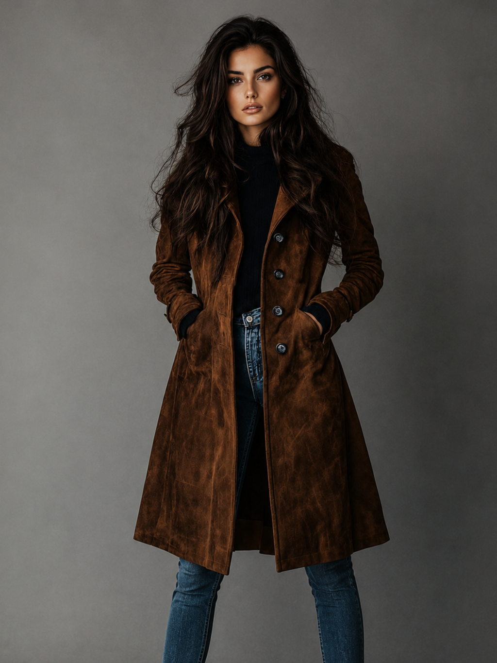 Women's Dark Brown Long Trench Coat – Elegant British Style Windbreaker