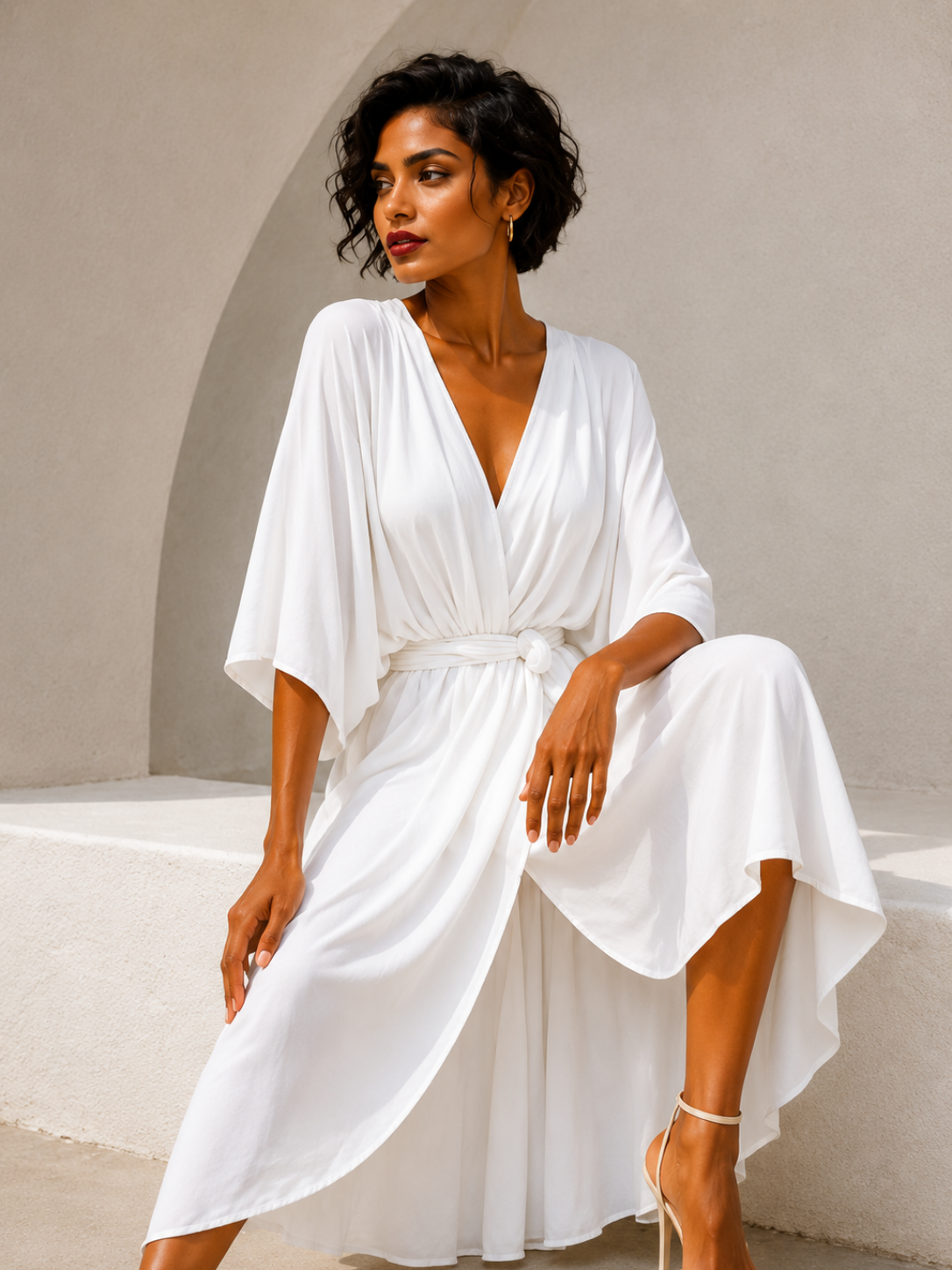 Women's Elegant White Midi Dress – Half Sleeve Polyester Wrap Dress