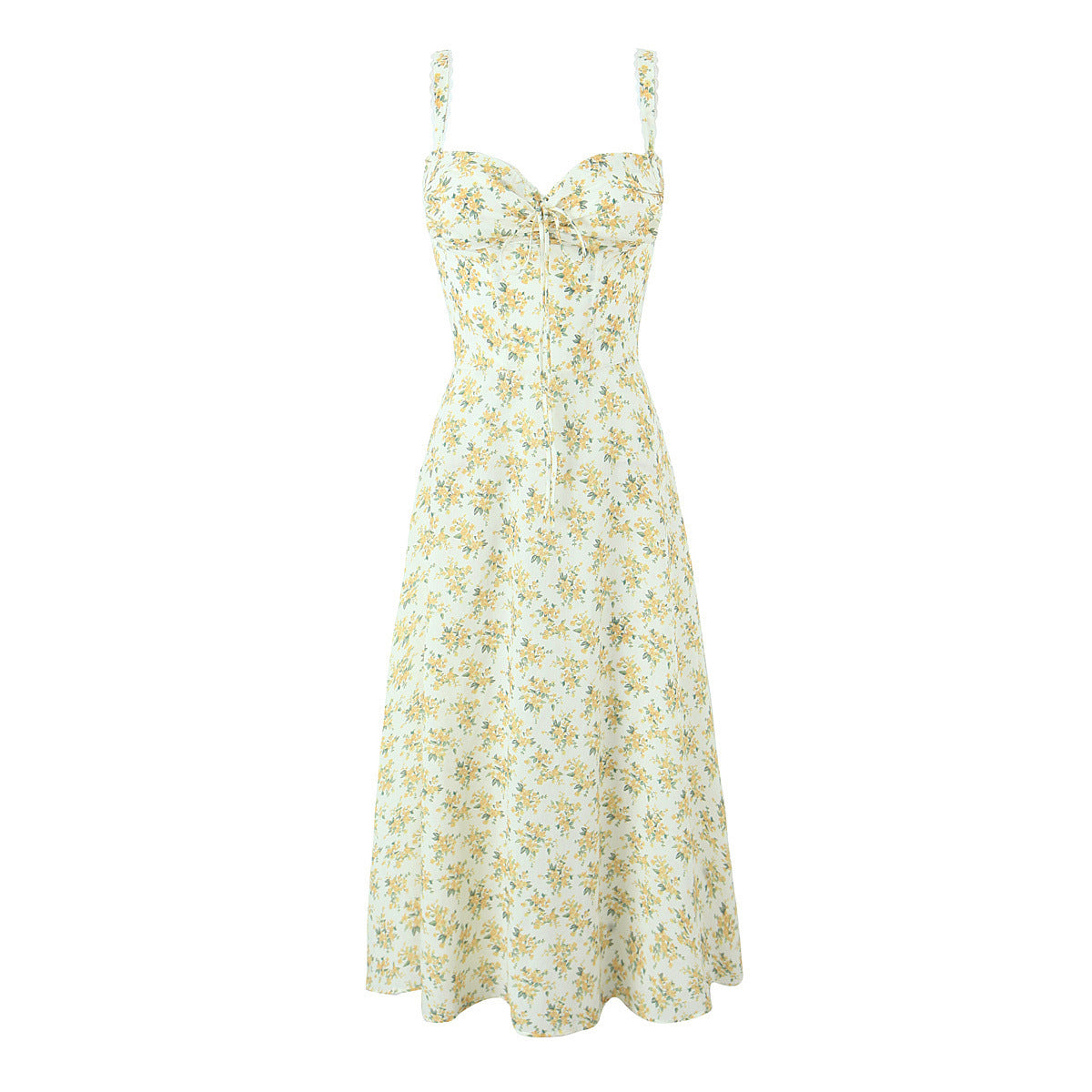 French Floral Strap Waist-tight First Love Seaside A- Line Mid-length Dress
