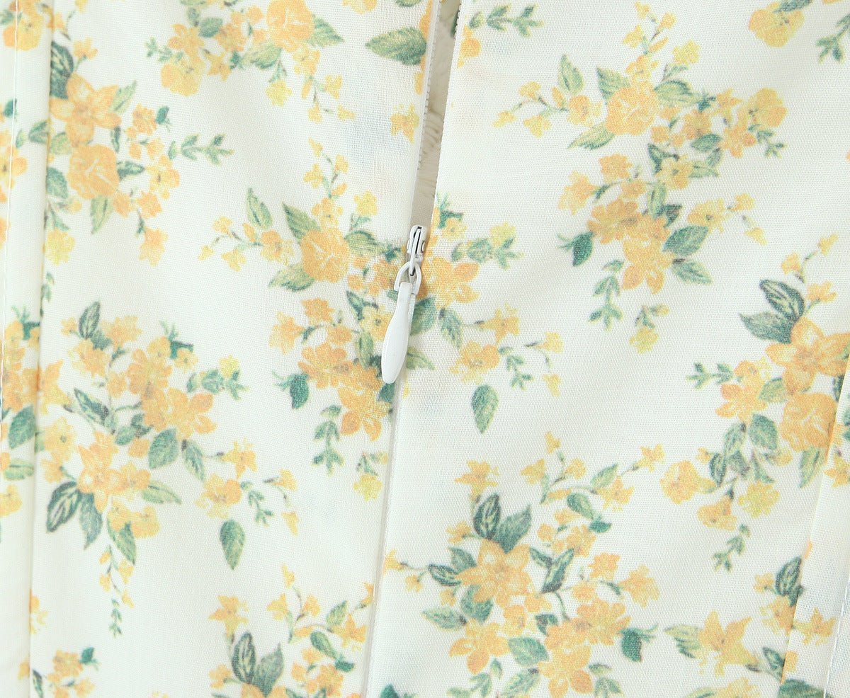 French Floral Strap Waist-tight First Love Seaside A- Line Mid-length Dress