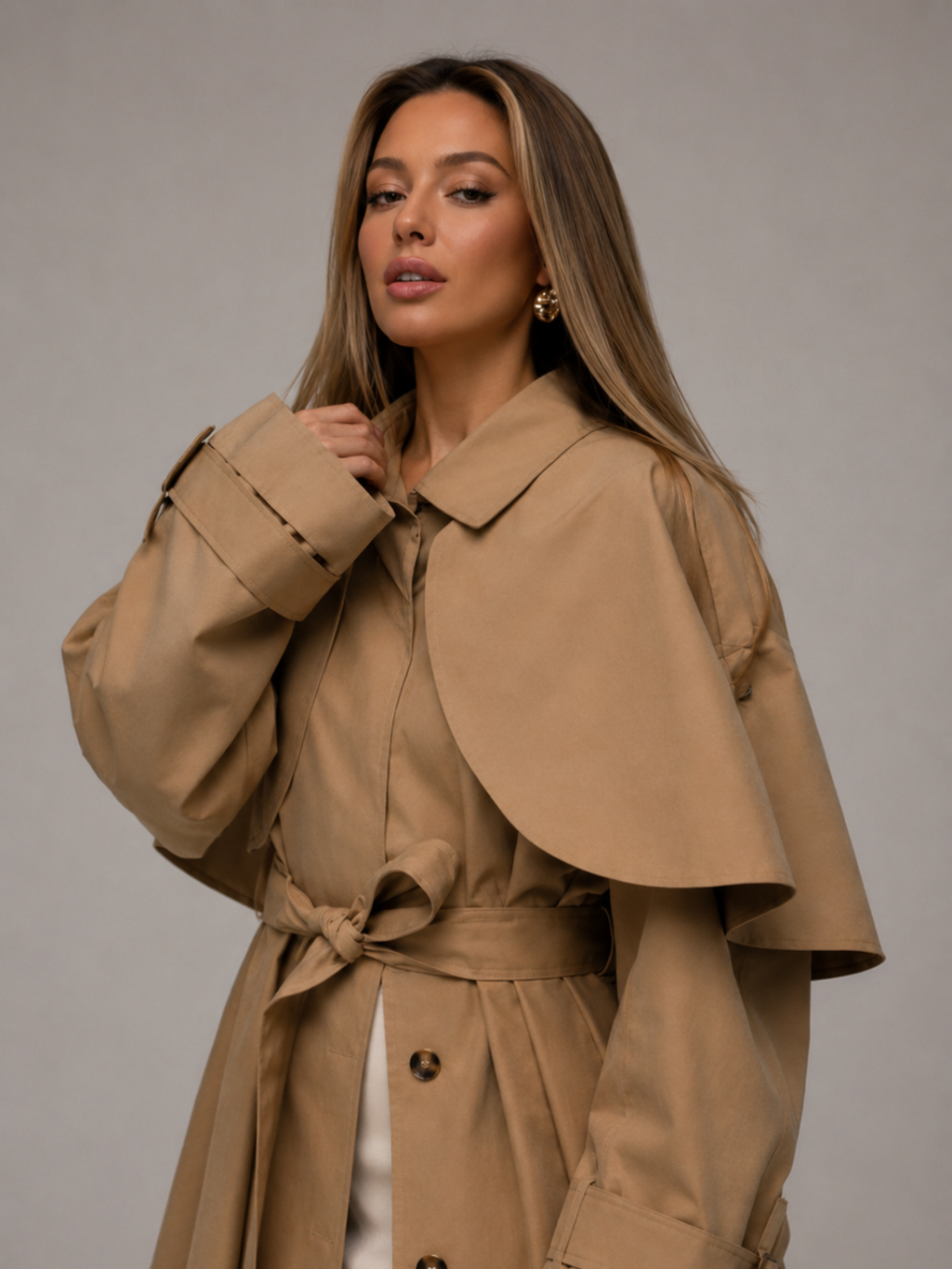 Women's Khaki Long Trench Coat – Elegant Loose Fit Commuter Outerwear