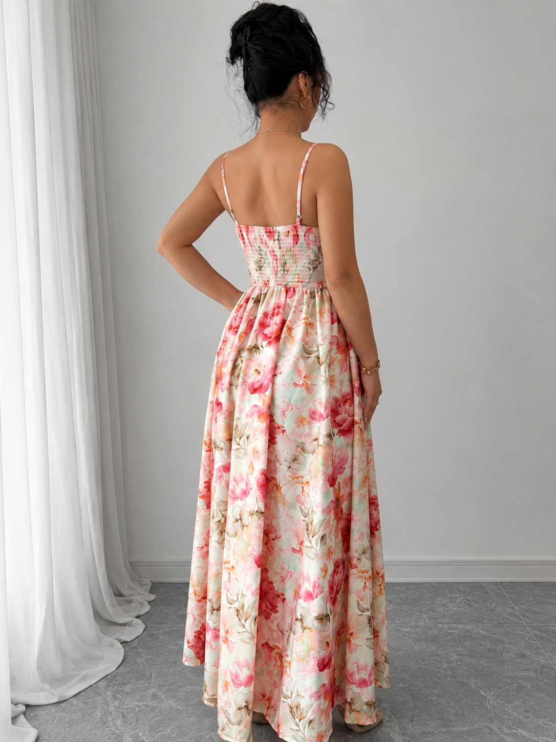 Elegant Pink Printed Princess Dress – Tie Shoulder High Waist Maxi Dress