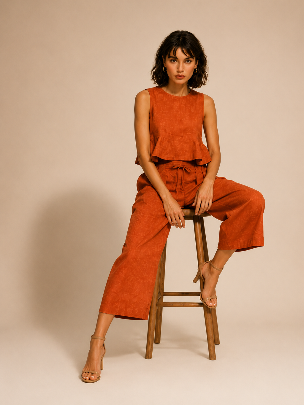 Women's Orange-Red Sleeveless T-Shirt &amp; Wide-Leg Pants Co-Ord Set