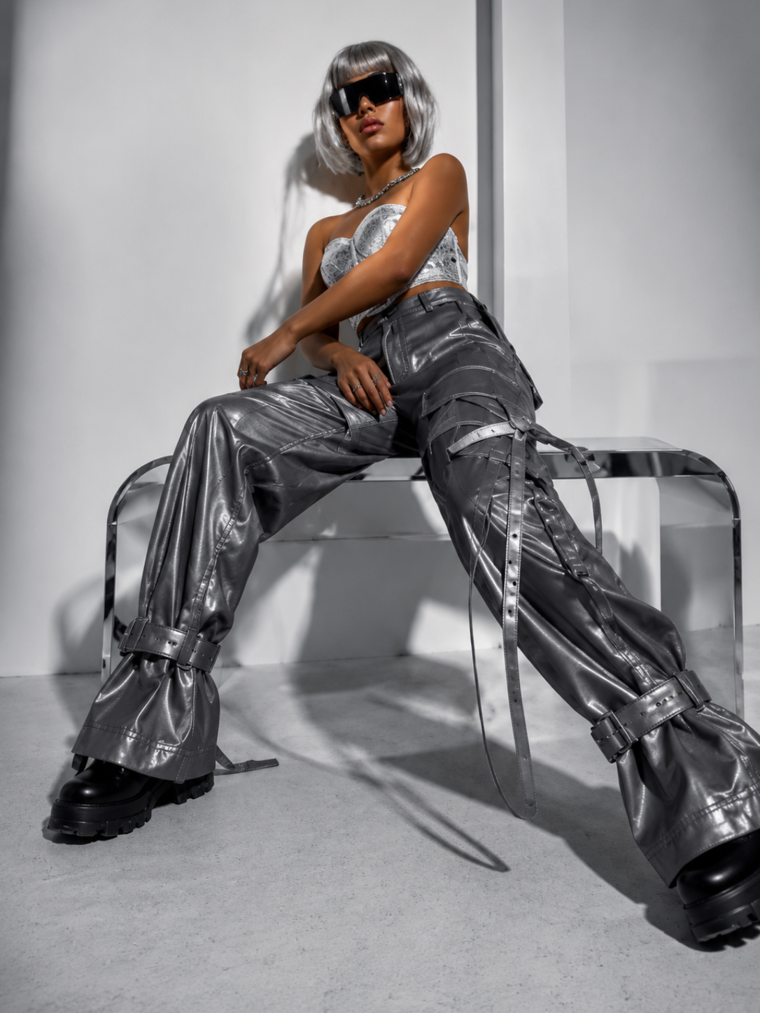 Women’s Gray High-Waist Cargo Overalls Pants