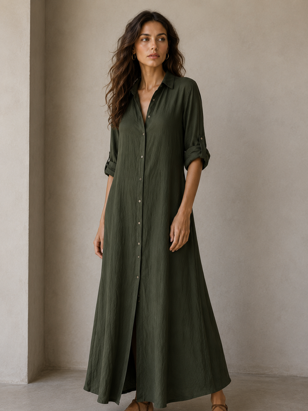 Women's Elegant A-Line Midi Dress – Three-Quarter Sleeve Casual Dress