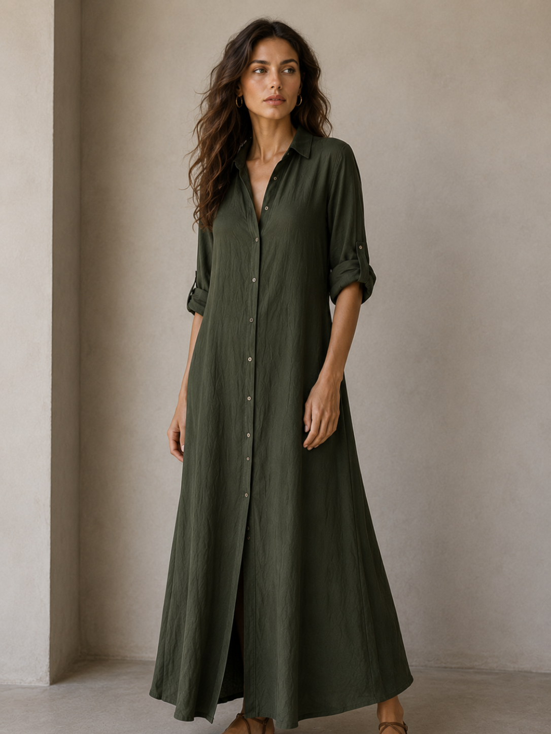 Women's Elegant A-Line Midi Dress – Three-Quarter Sleeve Casual Dress