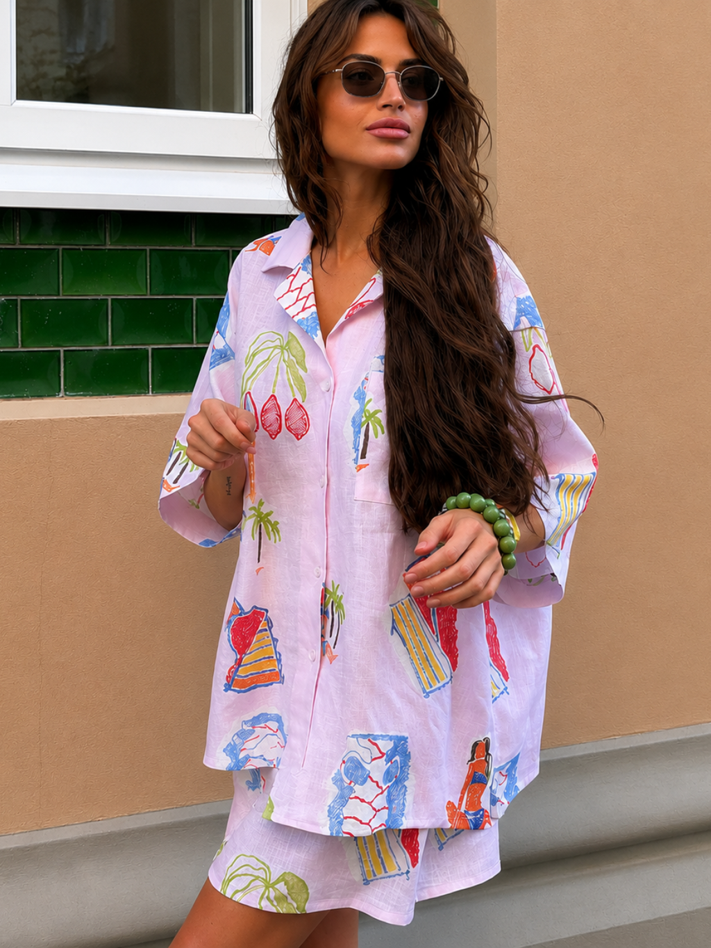 Tropical Print Linen Blend Shirt & Shorts Co-ord Set