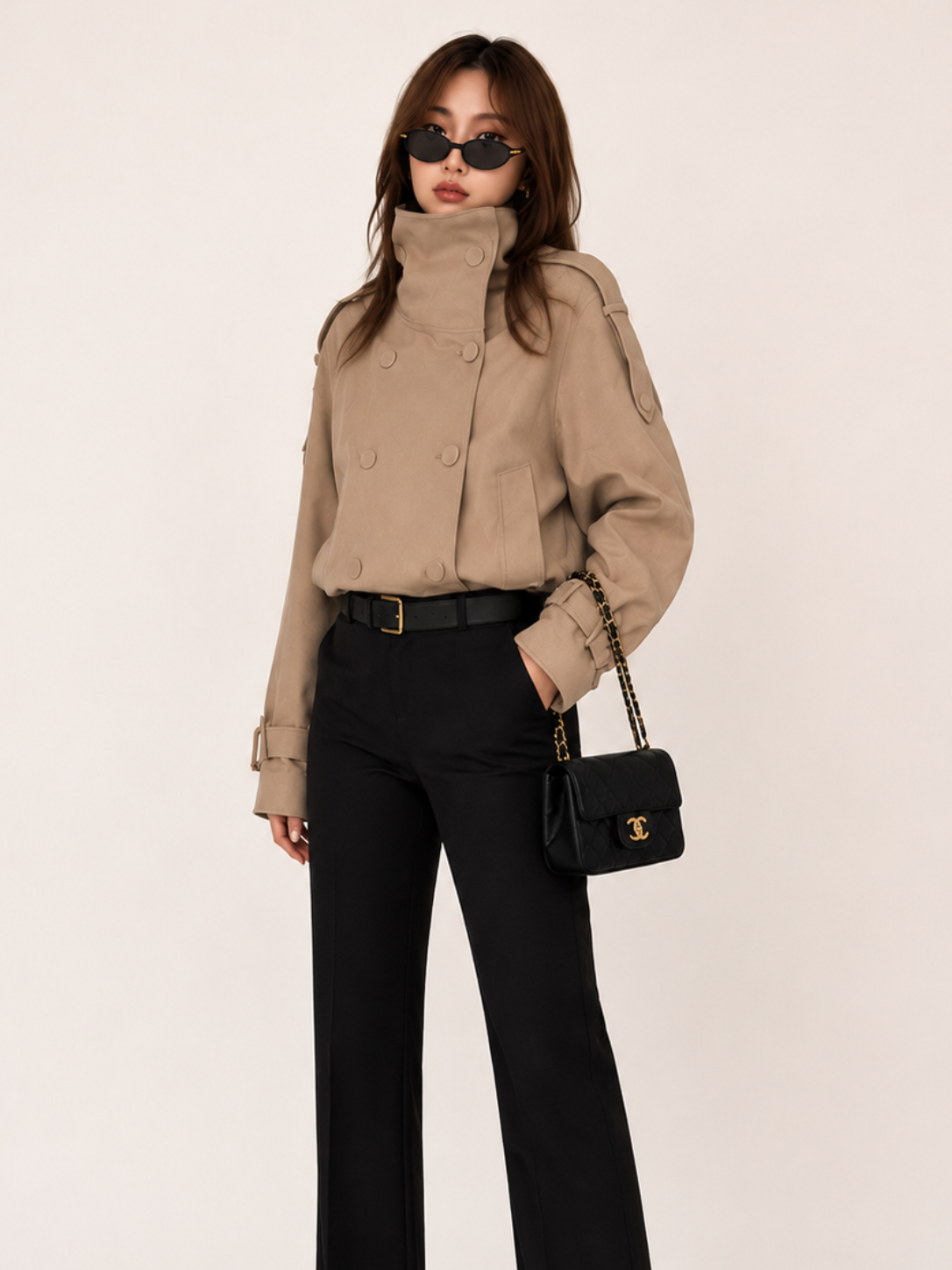 Women's Light Brown Cotton Jacket – Elegant Commuter Long Sleeve Outerwear