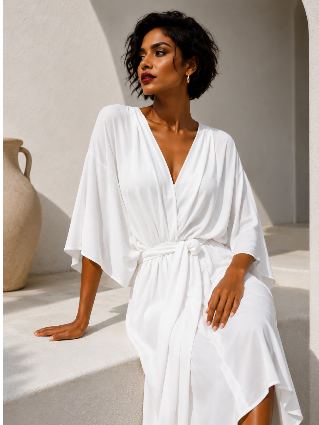 Women's Elegant White Midi Dress – Half Sleeve Polyester Wrap Dress