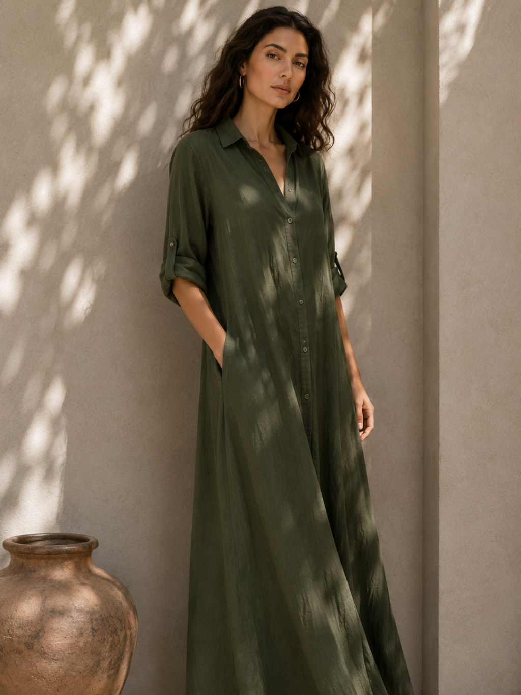 Women's Elegant A-Line Midi Dress – Three-Quarter Sleeve Casual Dress