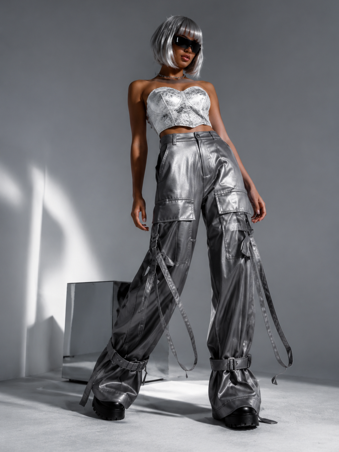 Women’s Gray High-Waist Cargo Overalls Pants