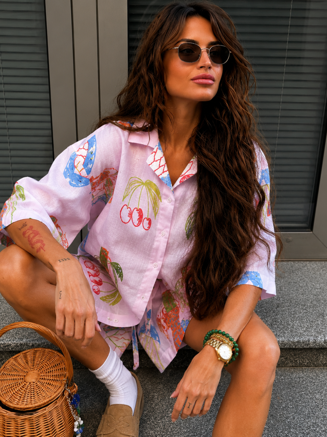 Tropical Print Linen Blend Shirt & Shorts Co-ord Set
