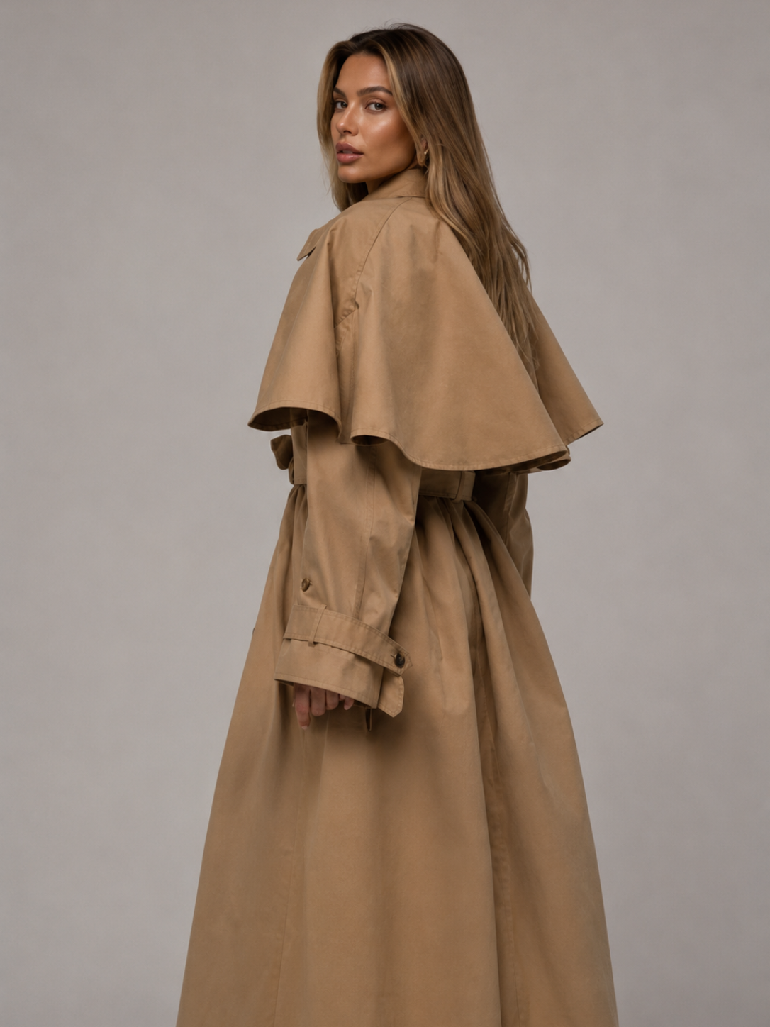 Women's Khaki Long Trench Coat – Elegant Loose Fit Commuter Outerwear