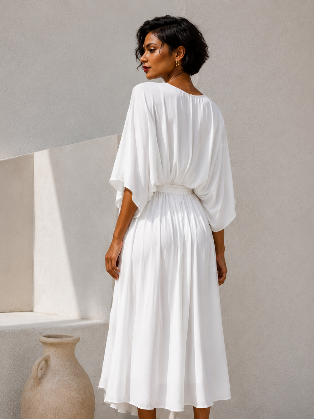 Women's Elegant White Midi Dress – Half Sleeve Polyester Wrap Dress