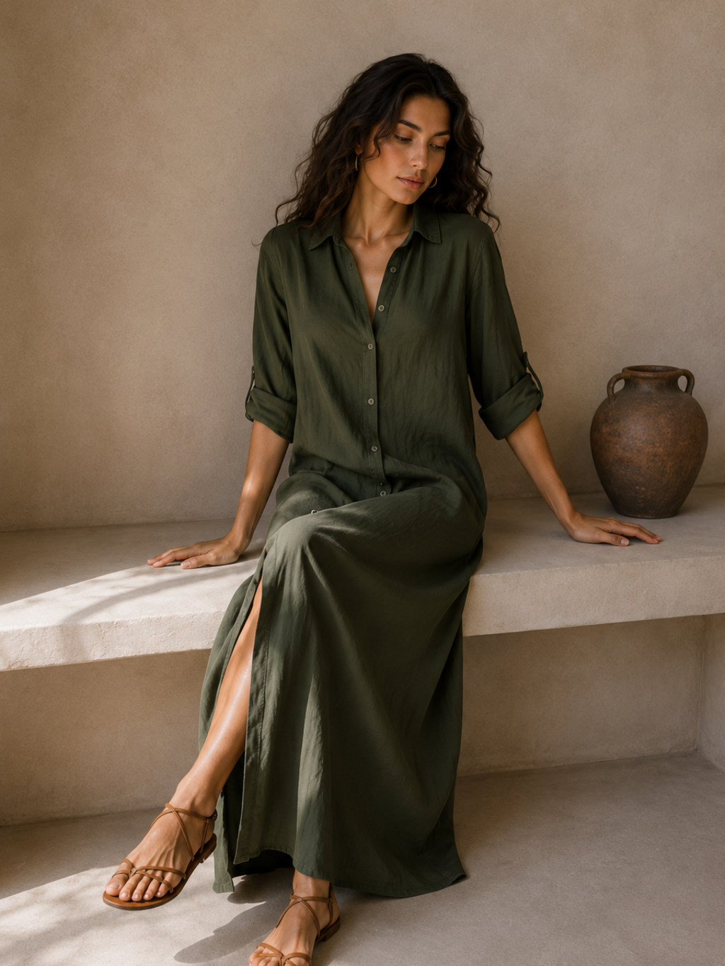 Women's Elegant A-Line Midi Dress – Three-Quarter Sleeve Casual Dress