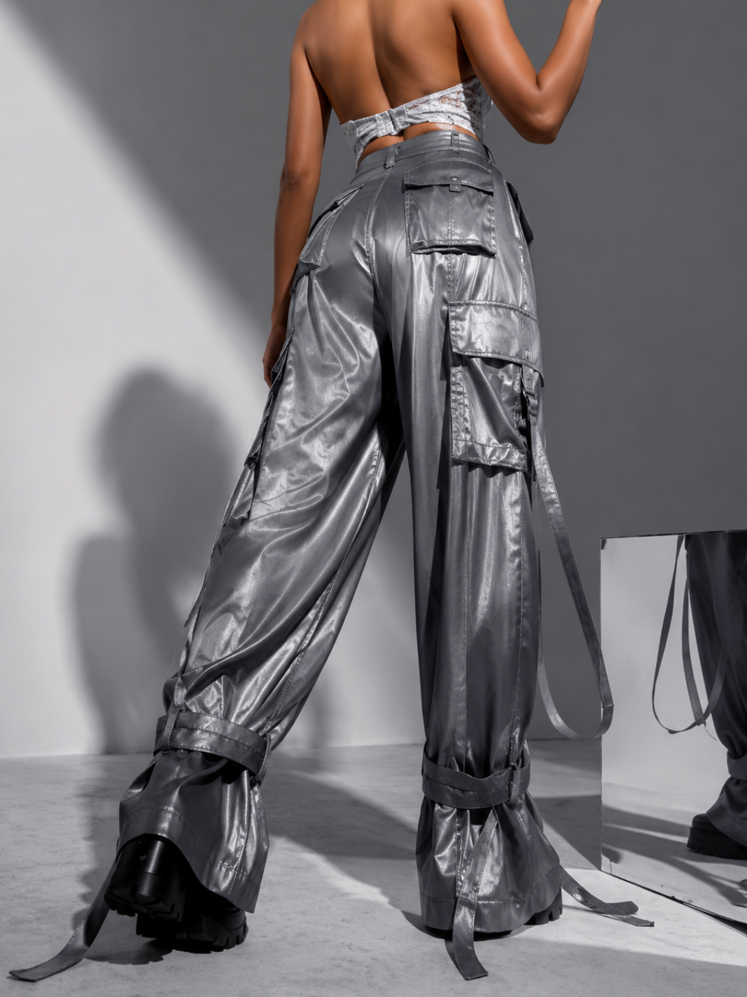 Women’s Gray High-Waist Cargo Overalls Pants
