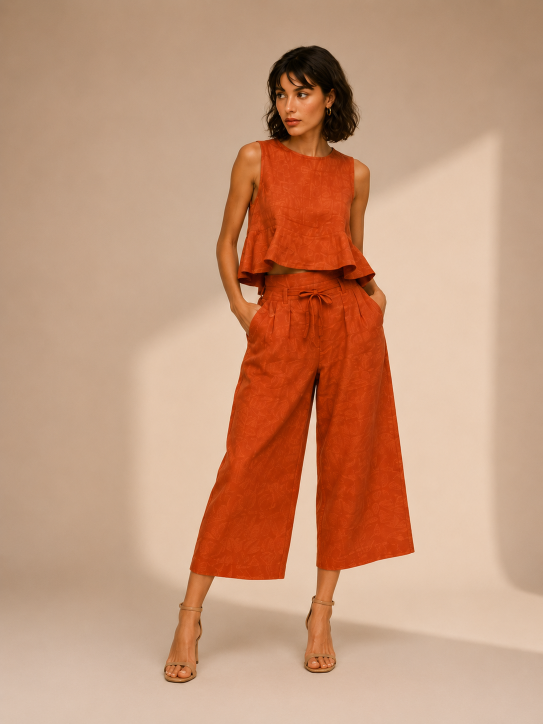 Women's Orange-Red Sleeveless T-Shirt &amp; Wide-Leg Pants Co-Ord Set