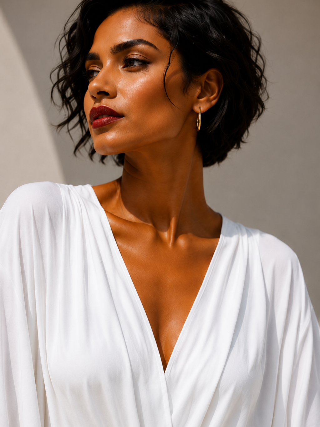 Women's Elegant White Midi Dress – Half Sleeve Polyester Wrap Dress