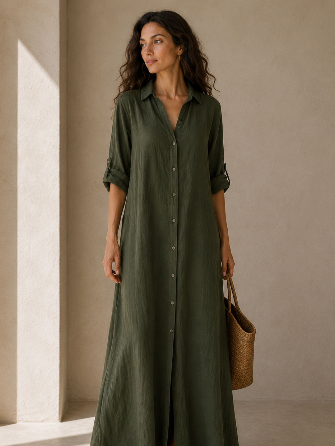 Women's Elegant A-Line Midi Dress – Three-Quarter Sleeve Casual Dress