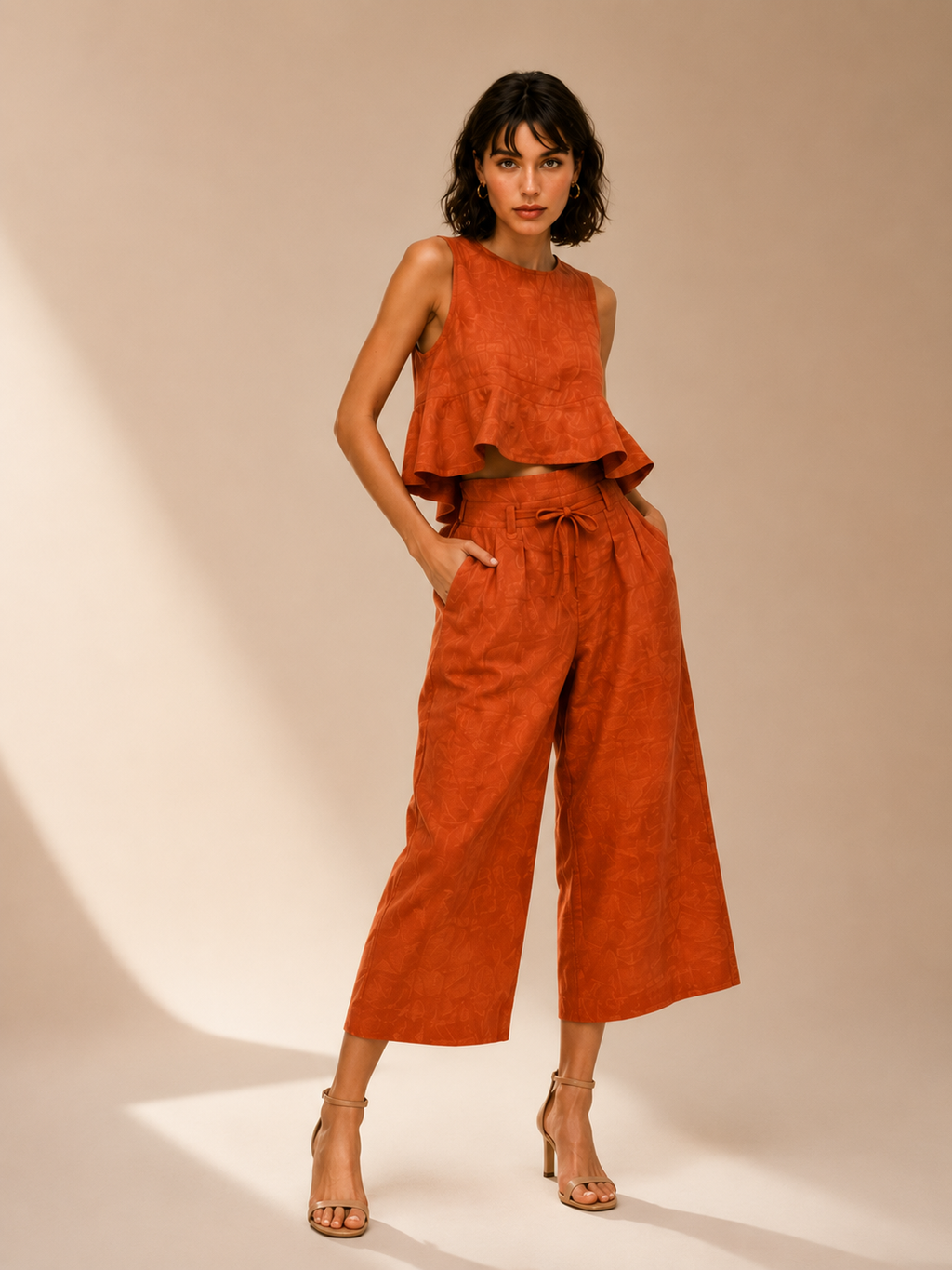 Women's Orange-Red Sleeveless T-Shirt &amp; Wide-Leg Pants Co-Ord Set