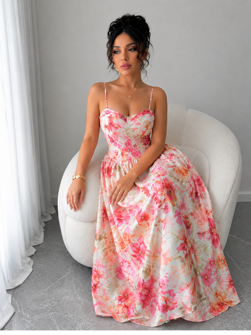 Elegant Pink Printed Princess Dress – Tie Shoulder High Waist Maxi Dress