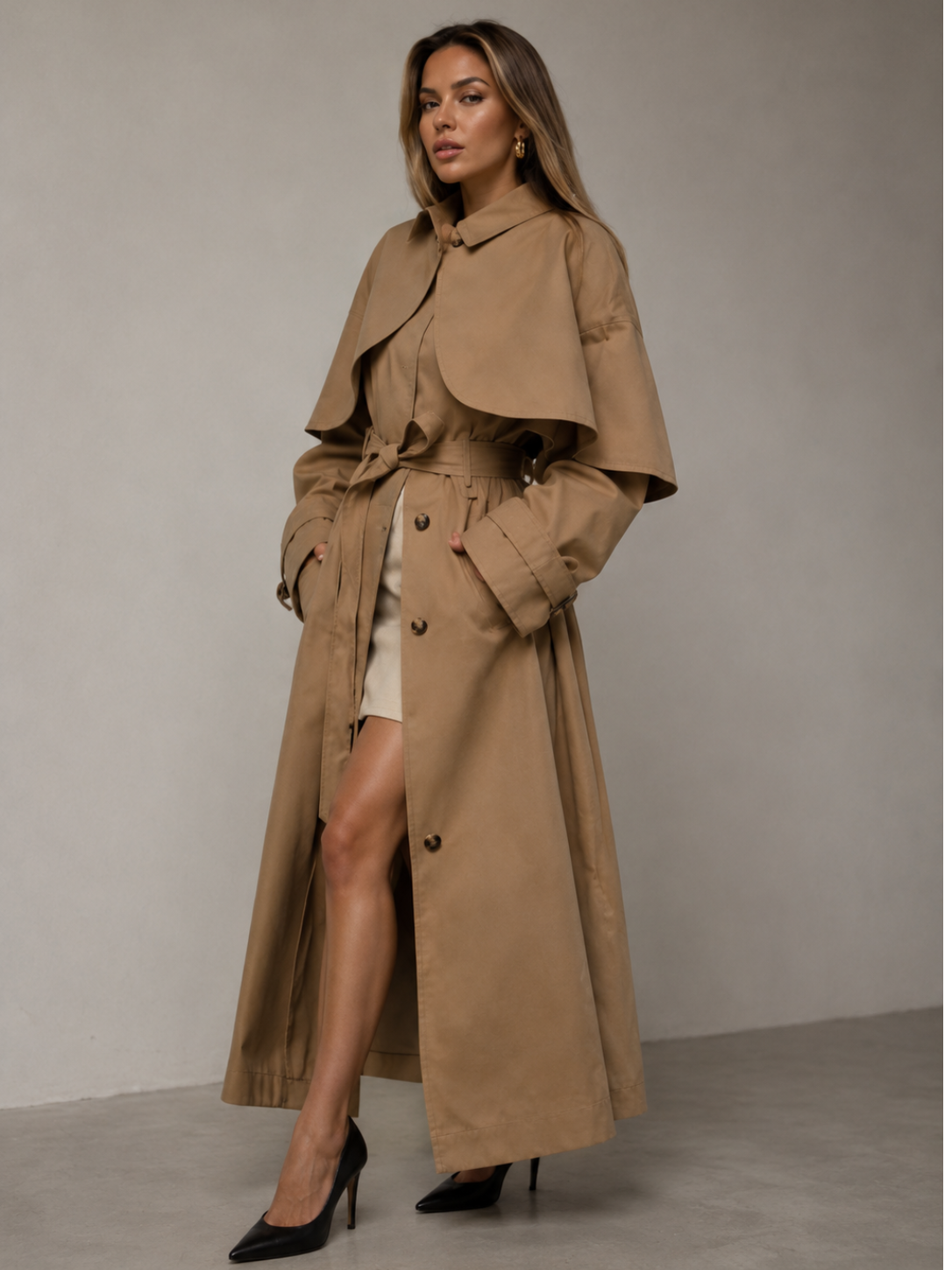 Women's Khaki Long Trench Coat – Elegant Loose Fit Commuter Outerwear
