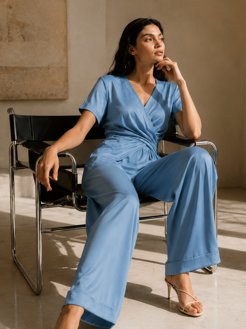 Elegant Blue Polyester Two-Piece Co-Ord Set for Women