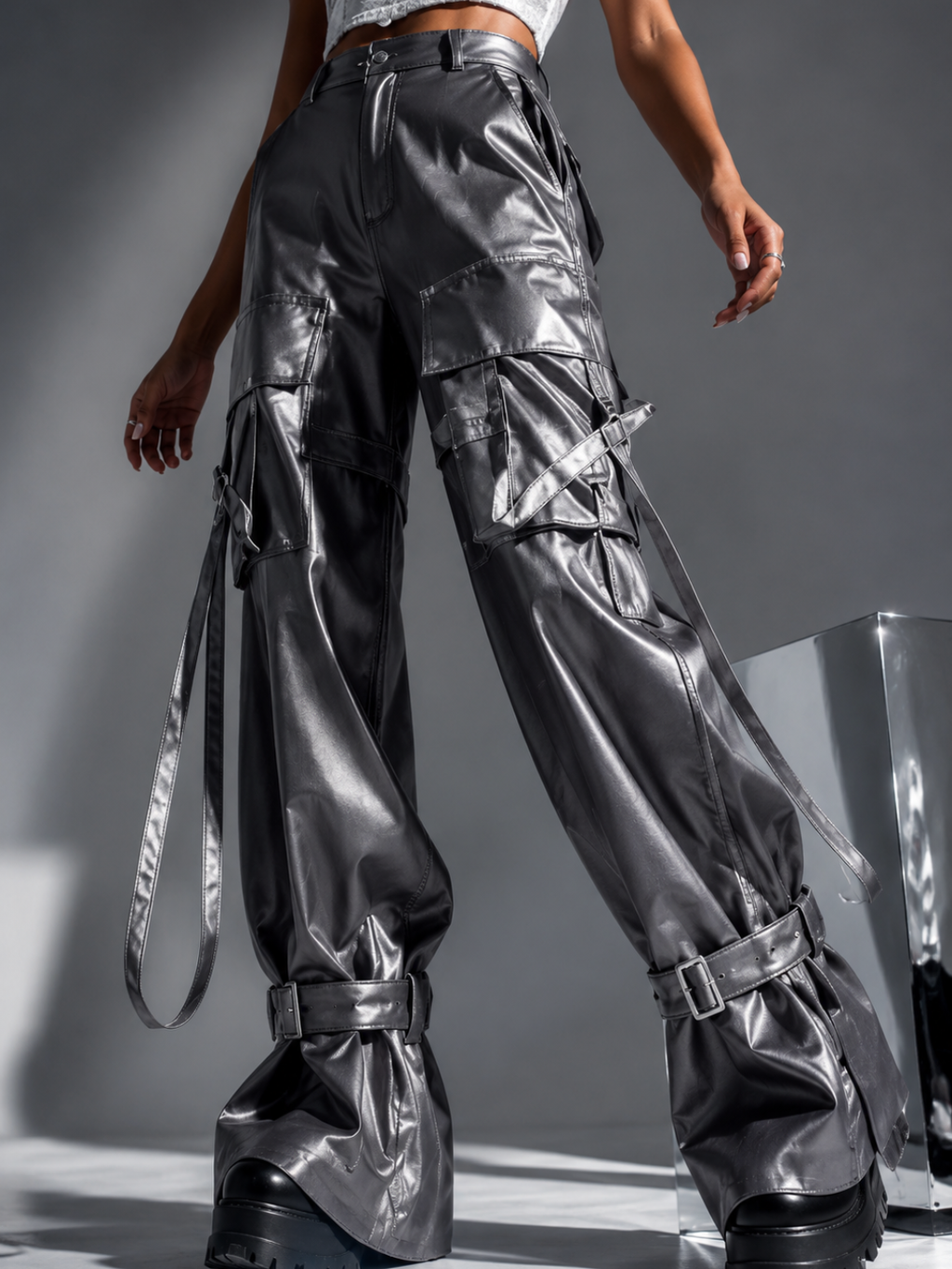 Women’s Gray High-Waist Cargo Overalls Pants