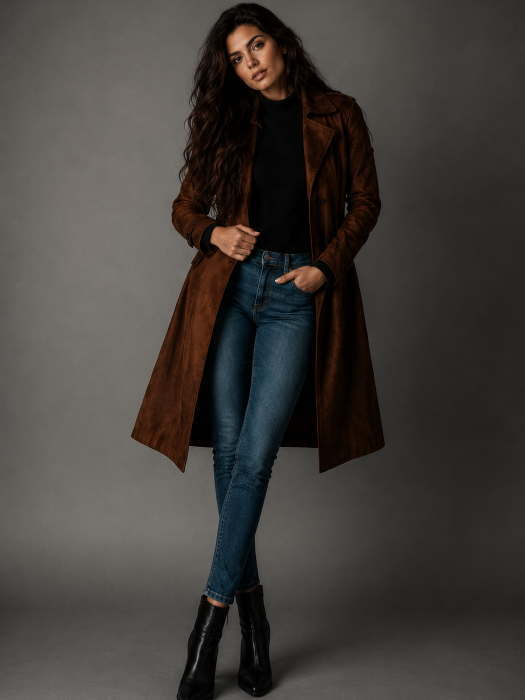 Women's Dark Brown Long Trench Coat – Elegant British Style Windbreaker