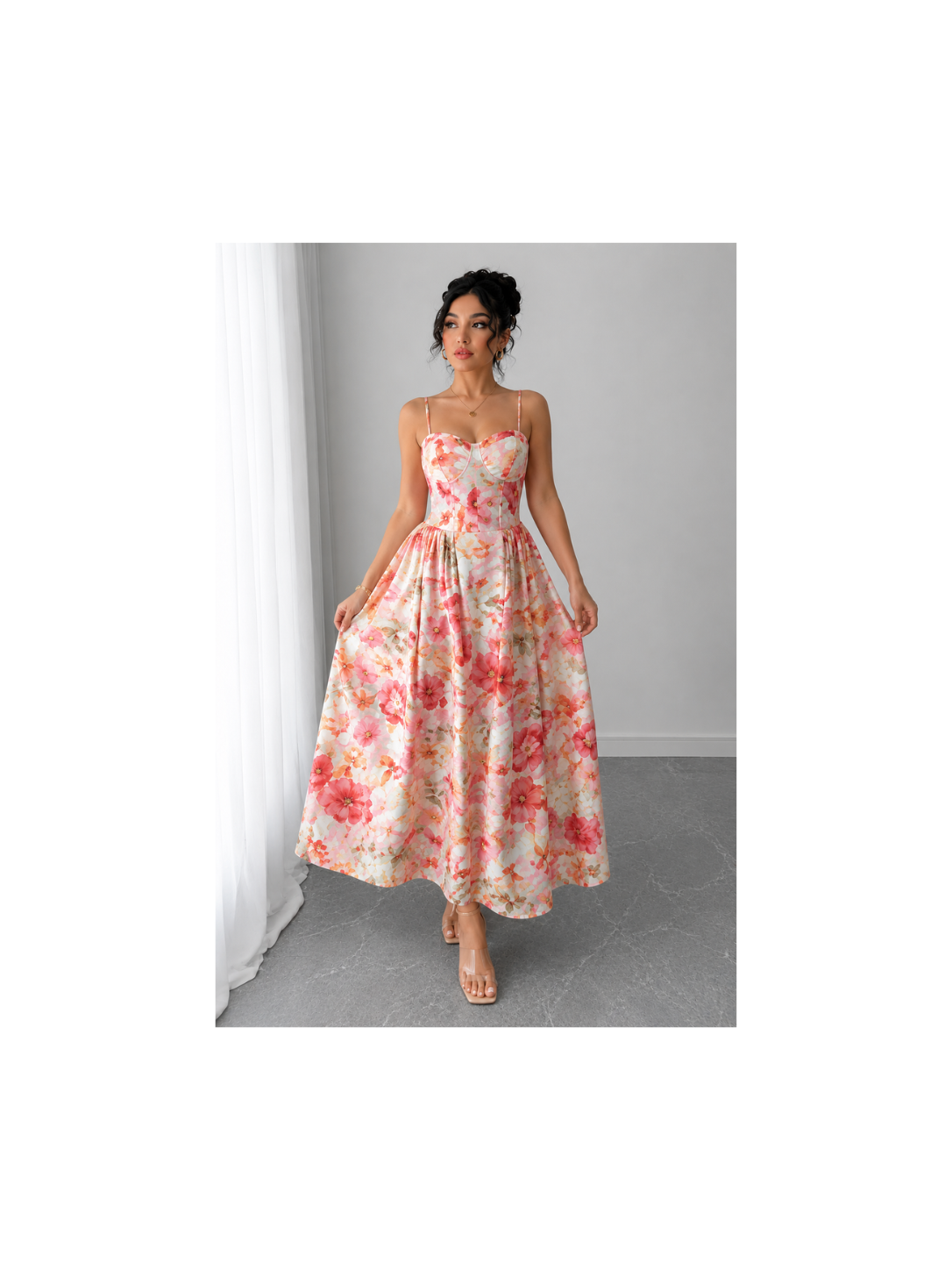 Elegant Pink Printed Princess Dress – Tie Shoulder High Waist Maxi Dress
