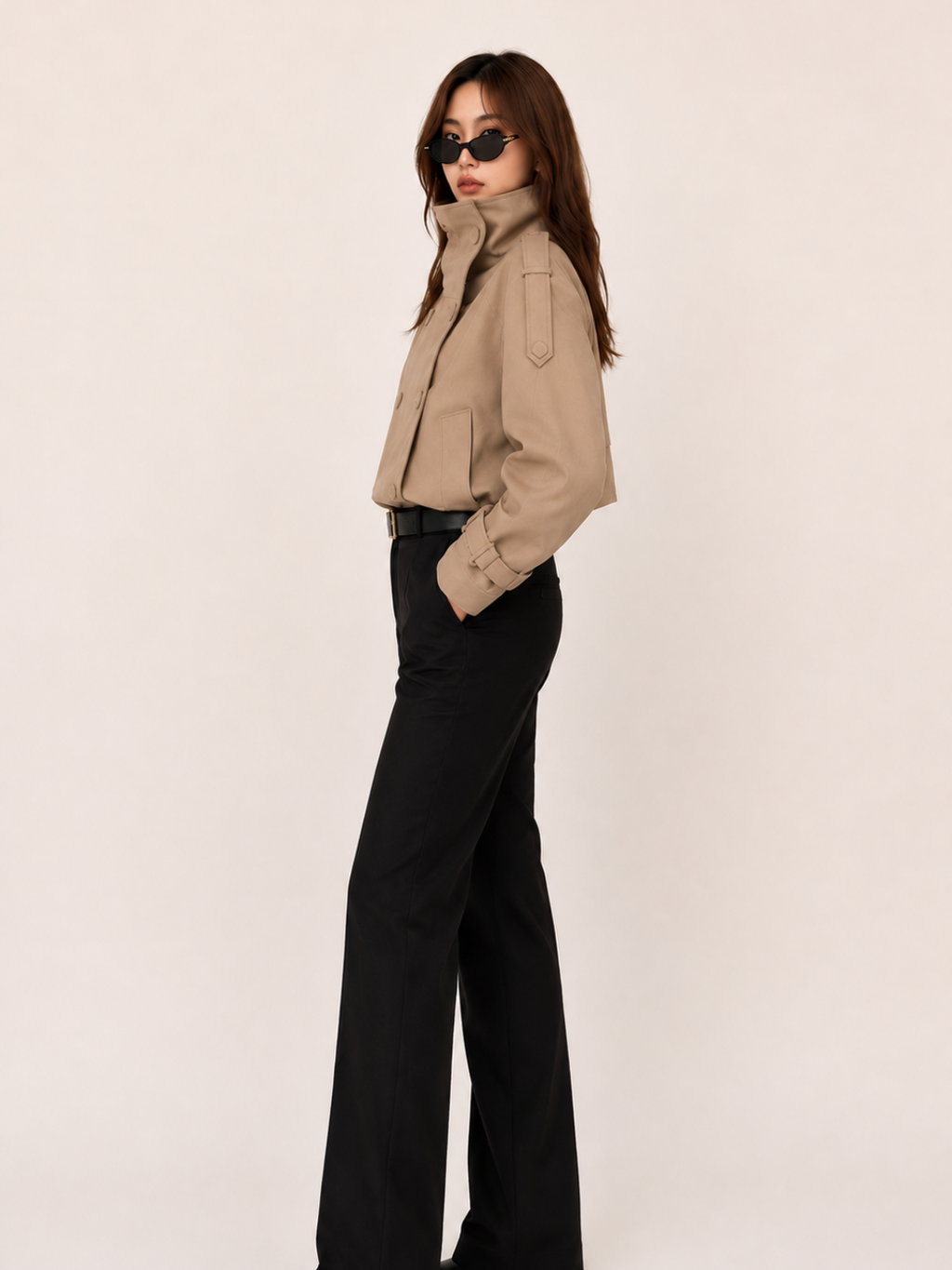 Women's Light Brown Cotton Jacket – Elegant Commuter Long Sleeve Outerwear