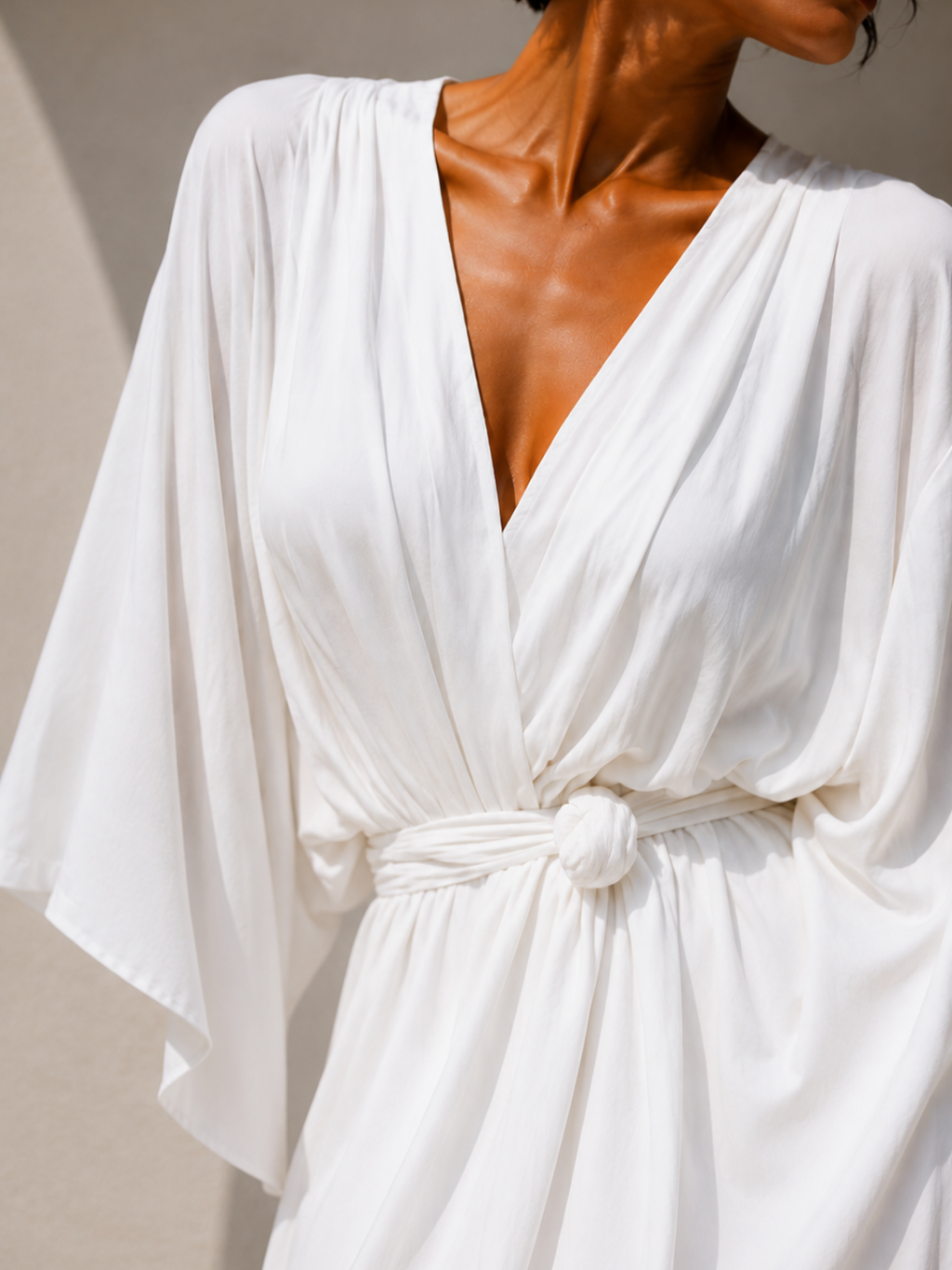 Women's Elegant White Midi Dress – Half Sleeve Polyester Wrap Dress