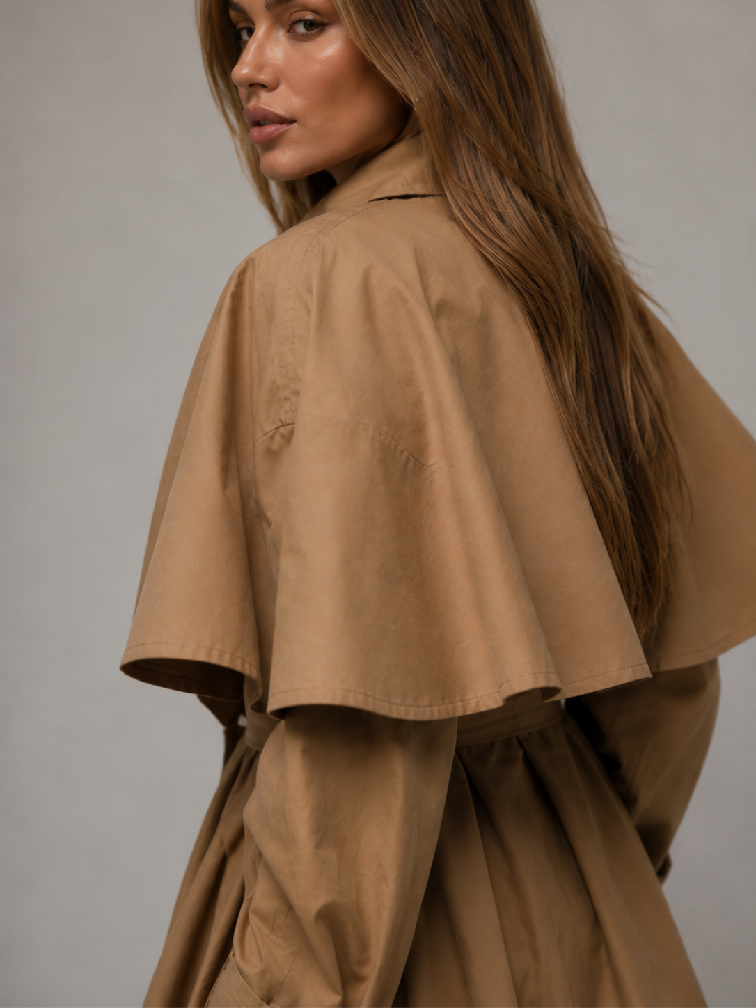Women's Khaki Long Trench Coat – Elegant Loose Fit Commuter Outerwear