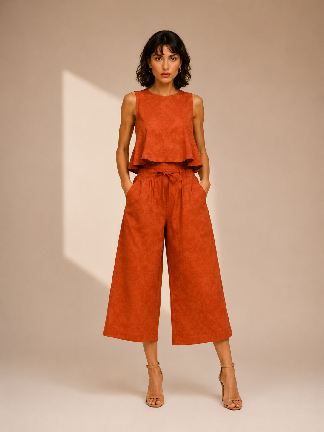 Women's Orange-Red Sleeveless T-Shirt &amp; Wide-Leg Pants Co-Ord Set