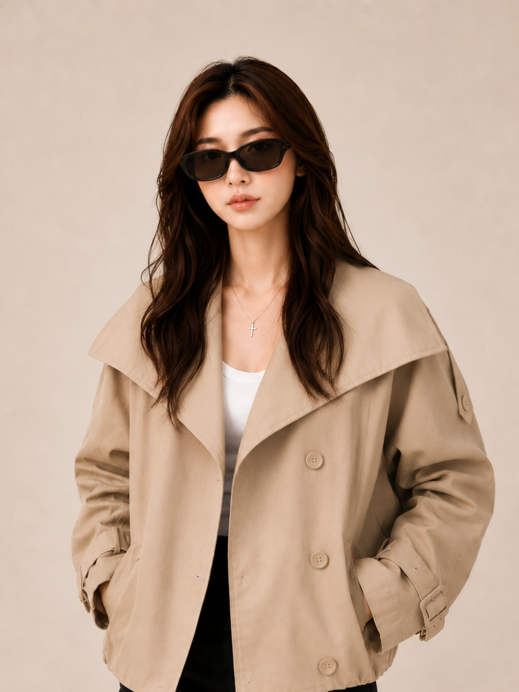 Women's Light Brown Cotton Jacket – Elegant Commuter Long Sleeve Outerwear