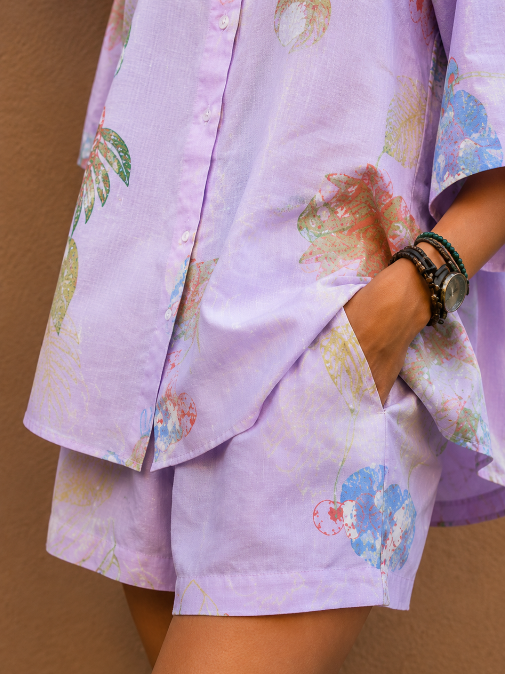 Tropical Print Linen Blend Shirt & Shorts Co-ord Set