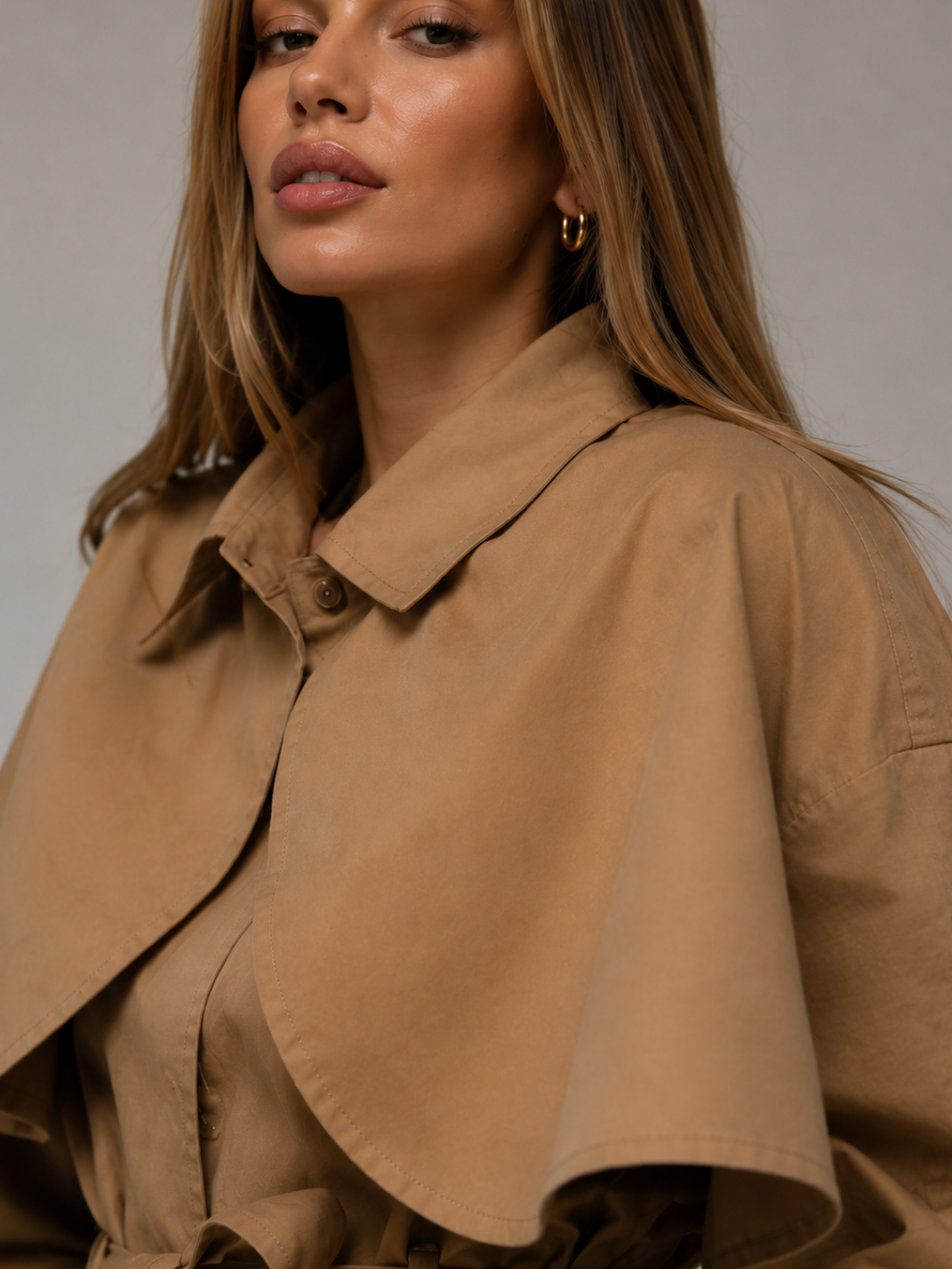 Women's Khaki Long Trench Coat – Elegant Loose Fit Commuter Outerwear