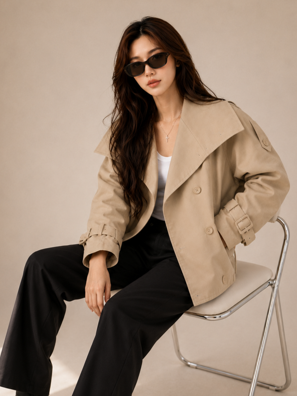 Women's Light Brown Cotton Jacket – Elegant Commuter Long Sleeve Outerwear