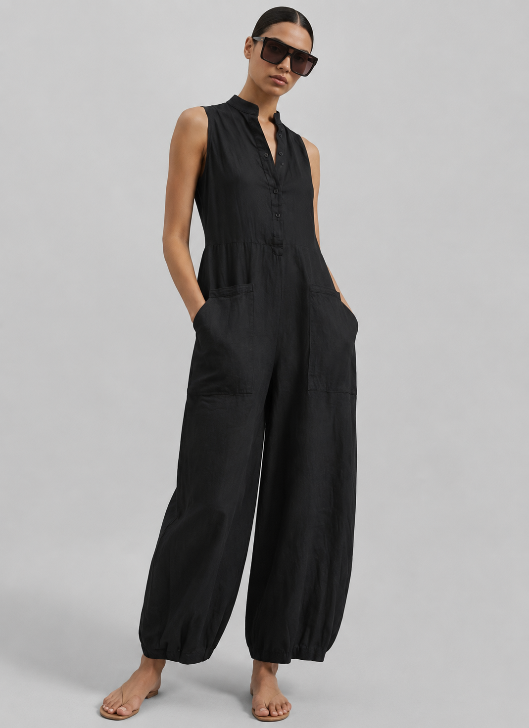 Women's Sleeveless Wide-Leg Jumpsuit – Casual Cropped One-Piece Outfit