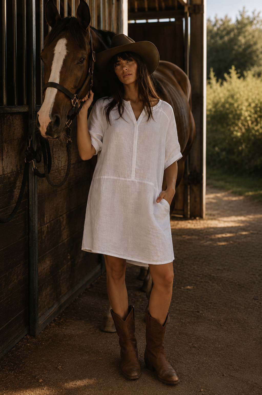 Women's Linen-Cotton V-Neck Loose-Fit Casual Short-Sleeve Dress With Pockets