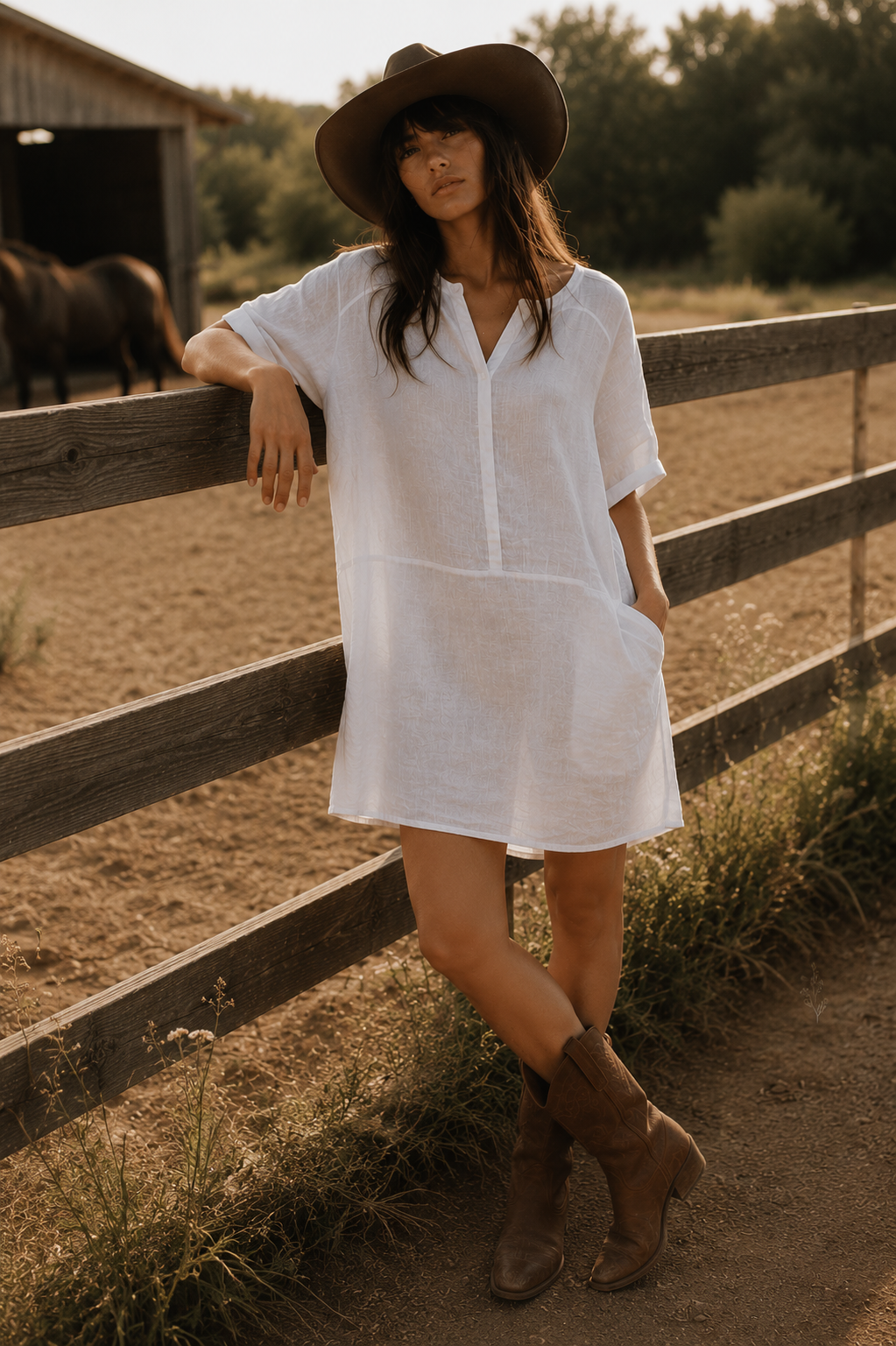 Women's Linen-Cotton V-Neck Loose-Fit Casual Short-Sleeve Dress With Pockets